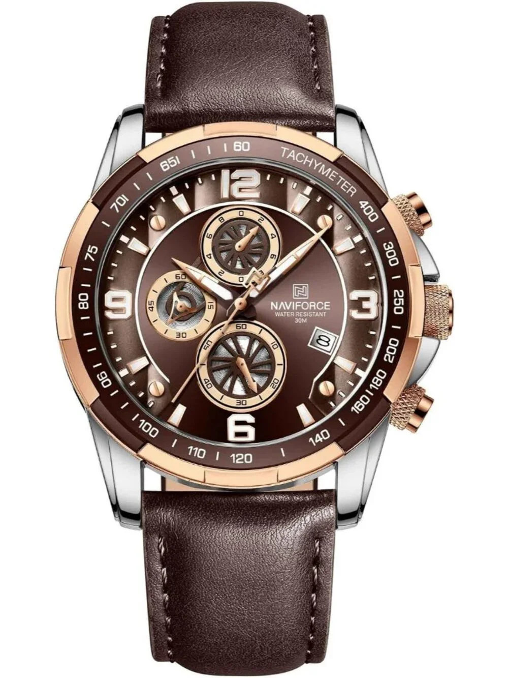 Men's Coffee Analog Quartz Chronograph Leather Strap Sport Fashion Wrist Watch